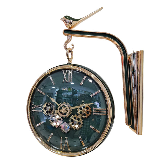 Decorative clock with mechanical gears in a room setting