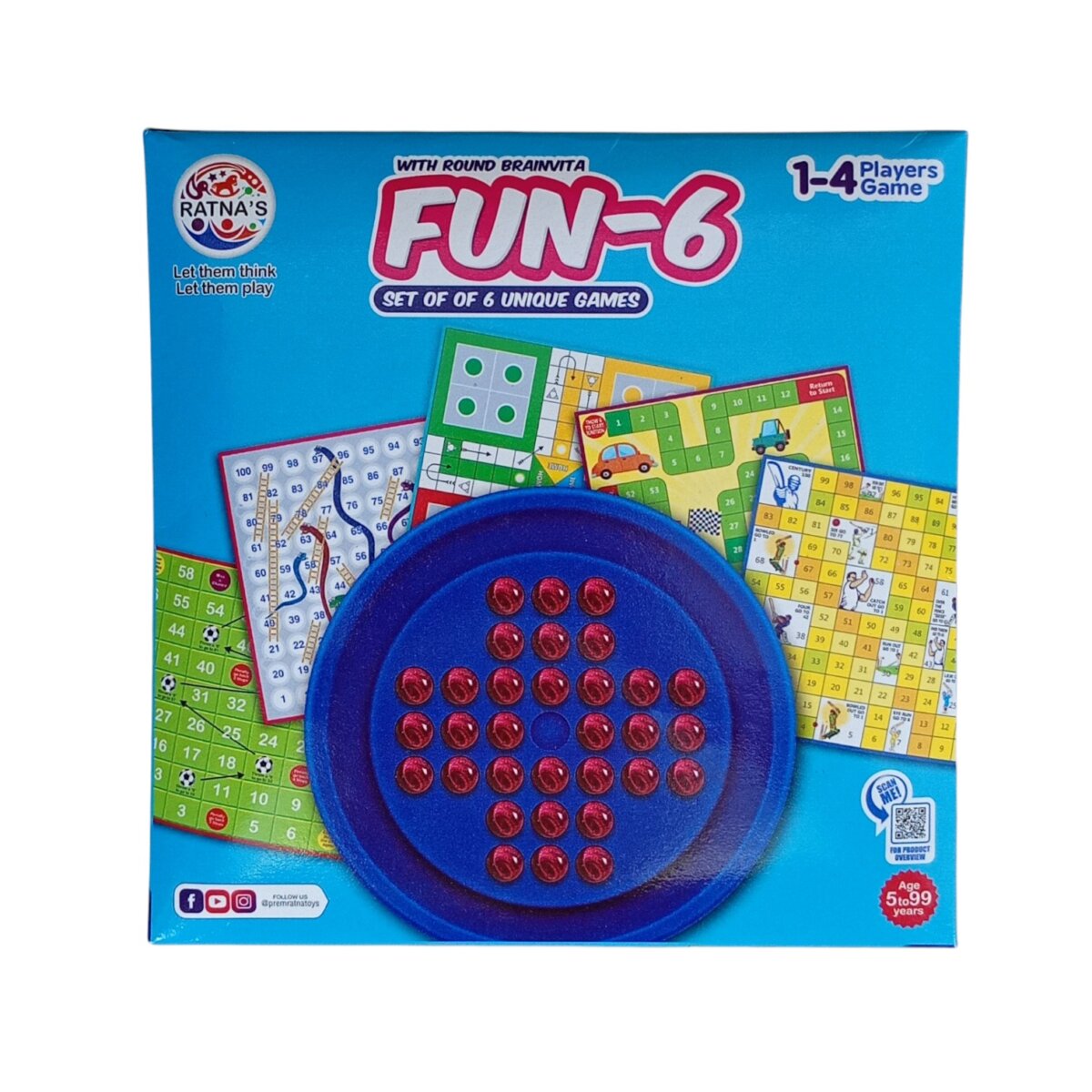 Ratnas Fun 6 Game with Round Brainvita Game | Classic Strategy Board Game Set for Kids and Families | Educational Thinking Skill Toy | 6-in-1 Puzzle and Brain Development Game | 5+ Years perfect for kids return gifting