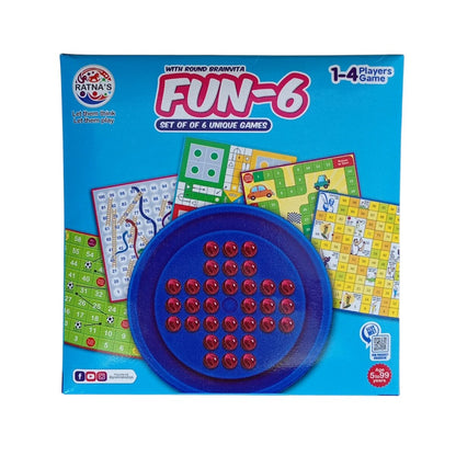 Ratnas Fun 6 Game with Round Brainvita Game | Classic Strategy Board Game Set for Kids and Families | Educational Thinking Skill Toy | 6-in-1 Puzzle and Brain Development Game | 5+ Years perfect for kids return gifting