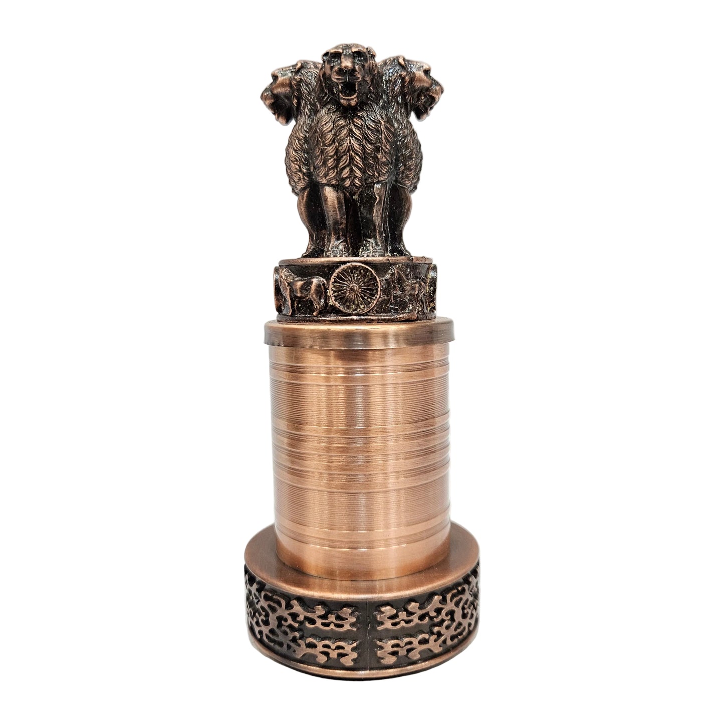 Metal showpiece features the Ashoka Stambh, the National Emblem of India, in an antique bronze finish