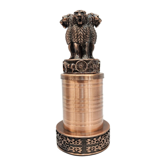Metal showpiece features the Ashoka Stambh, the National Emblem of India, in an antique bronze finish