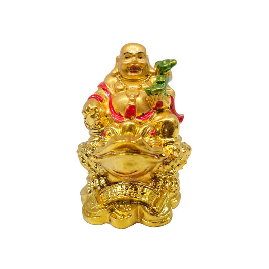 Gold-colored polyresin Laughing Buddha statue is seated on a money frog, a popular decorative item for attracting wealth and prosperity