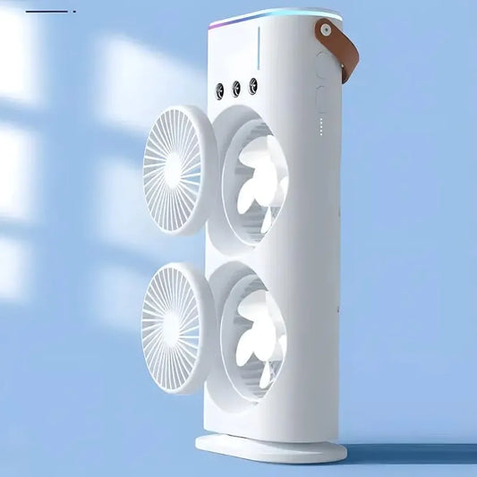 double-ended spray mini fan designed to provide cool, moist air. Dual Fans: Equipped with two fans for enhanced airflow.Has a 280ml water tank for a cooling mist effect. Compact and lightweight with a car