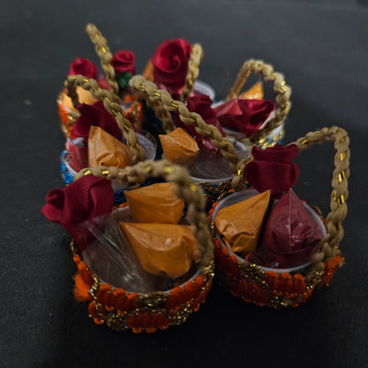 Haldi Kumkum Packets Return Gift in Golden Basket. All in one Gift for Women, Weddings, Pooja Functions