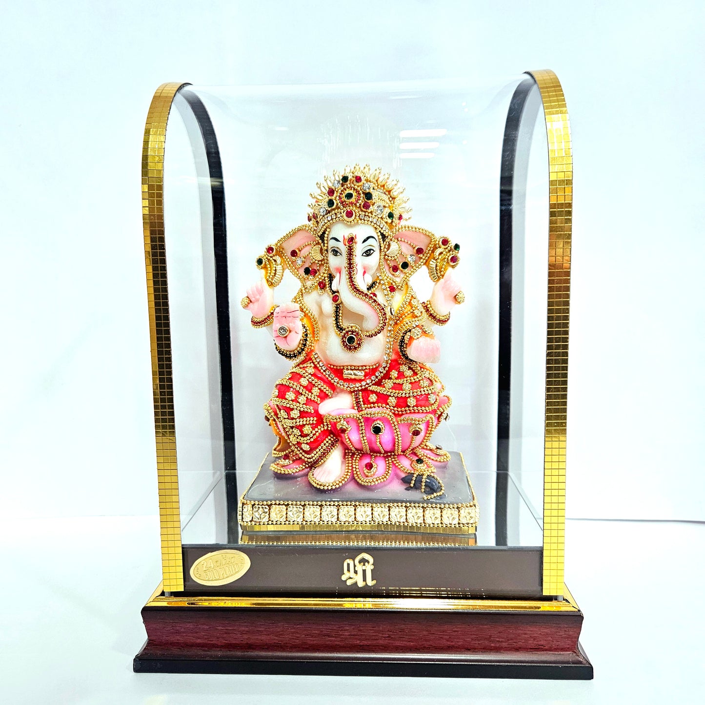 Decorative Lord Ganesh 24 carat gold Plated Hindu God Pooja Mandir Figurine Divine Statues Religious Vastu Puja Deity Acrylic Dashboard Showpiece