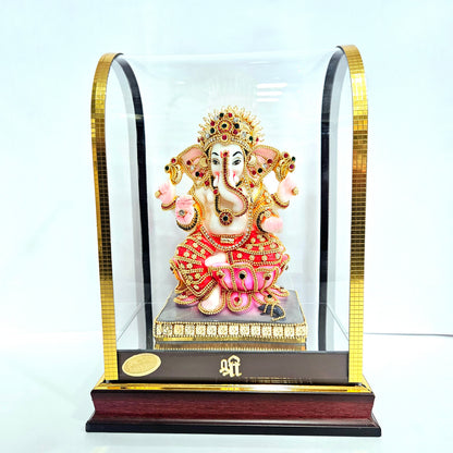 Decorative Lord Ganesh 24 carat gold Plated Hindu God Pooja Mandir Figurine Divine Statues Religious Vastu Puja Deity Acrylic Dashboard Showpiece