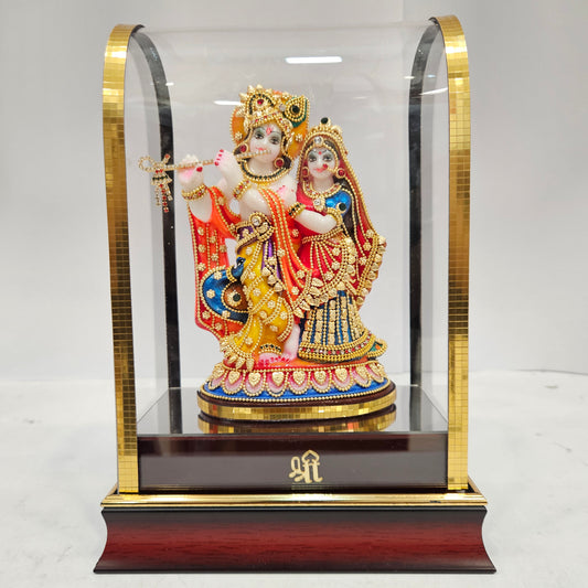 Radha Krishna with cow Idol 24 carat gold Plated Statue Showpiece in transparent cabin Box