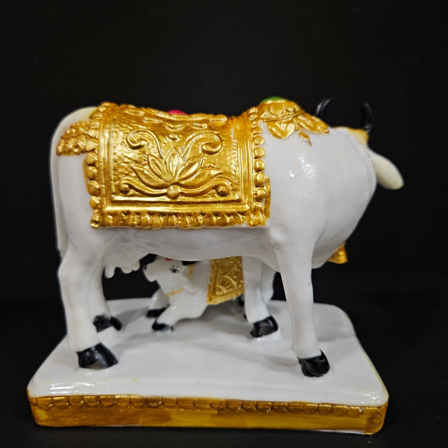 Cow & Calf gold & white Statue in Marble Dust, Cow Idol, Showpiece for Home Decor, Handmade Divine Cow, Mother Cow with Baby Calf, kamdhenu