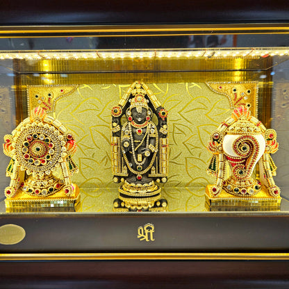 Shank Chakra with Balaji decorated with stones in transparent protective cabin