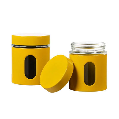 Tea Coffee Sugar Storage Jars Canisters Set of 3 Colour Enamel On Steel Glass