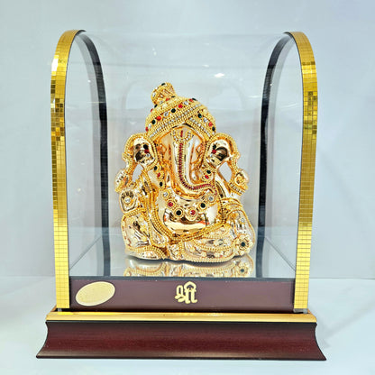 Imported 24carat Gold Plated Cabin Idol with stones Decorated of Ganesha with Full Decorate for Puja Room Or Home Decor