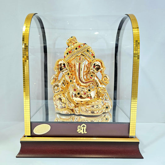 Imported 24carat Gold Plated Cabin Idol with stones Decorated of Ganesha with Full Decorate for Puja Room Or Home Decor
