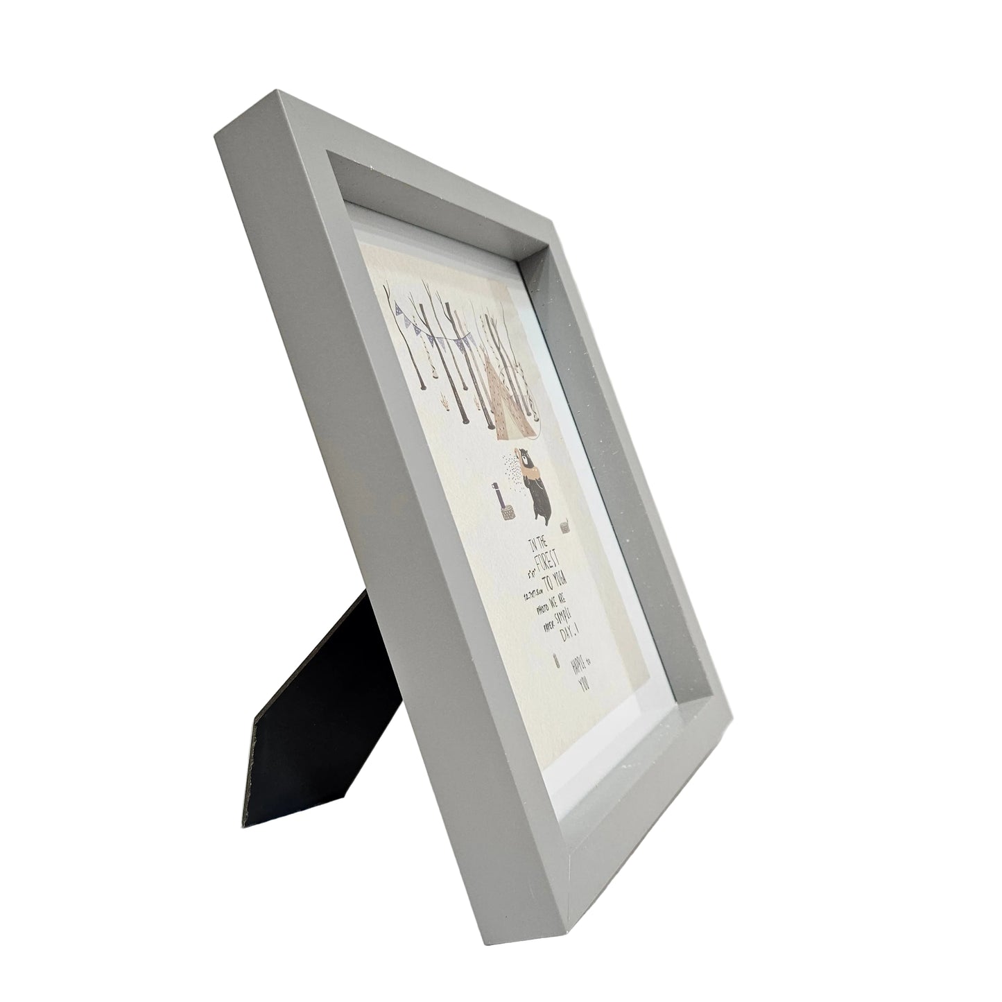 Decorative wall art print in a gray frame featuring a whimsical bear character photo frame