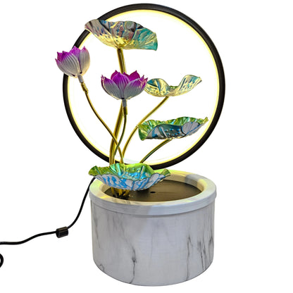 Metal Leaf Tabletop Water Fountain with LED Ring – Indoor Zen Waterfall Fountain for Living Room & Office, Vastu Benefits, Deep Basin Design