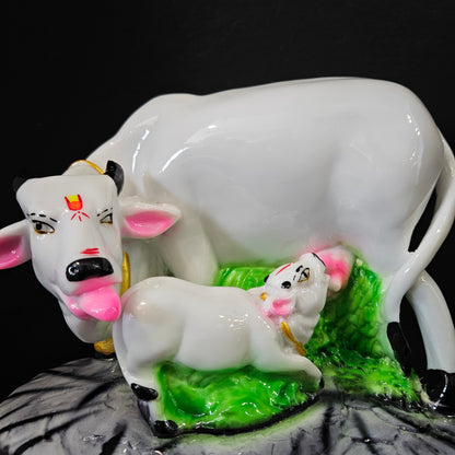 Cow With Calf Statue in Marble Dust, Holy Cow Idol, Showpiece for Home Decor, Handmade Divine Cow, Mother Cow with Baby Calf, kamdhenu