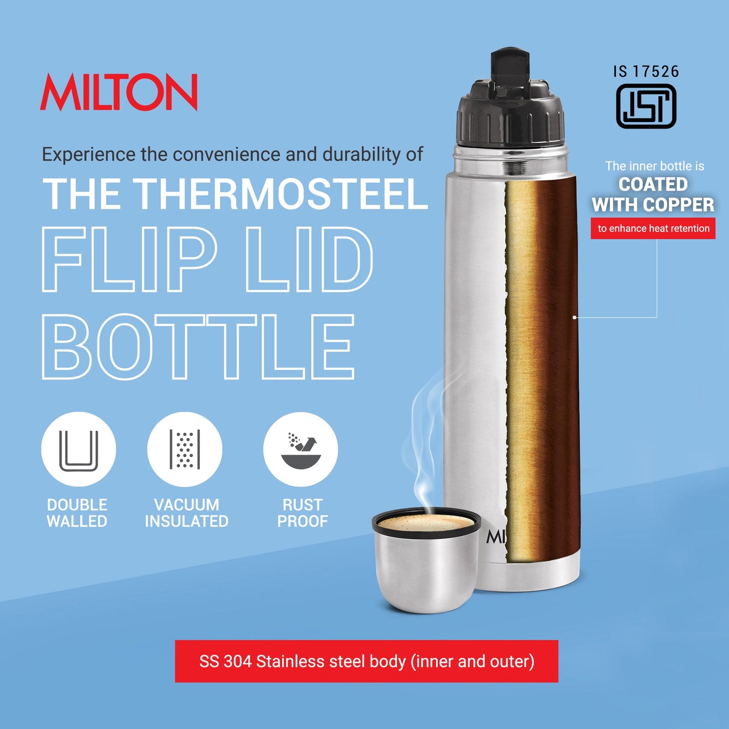 Milton Thermosteel Flip Lid Flask, 1000 milliliters, Silver Single Walled Stainless Steel Fridge Water Bottle, 750ml,Water Bottle