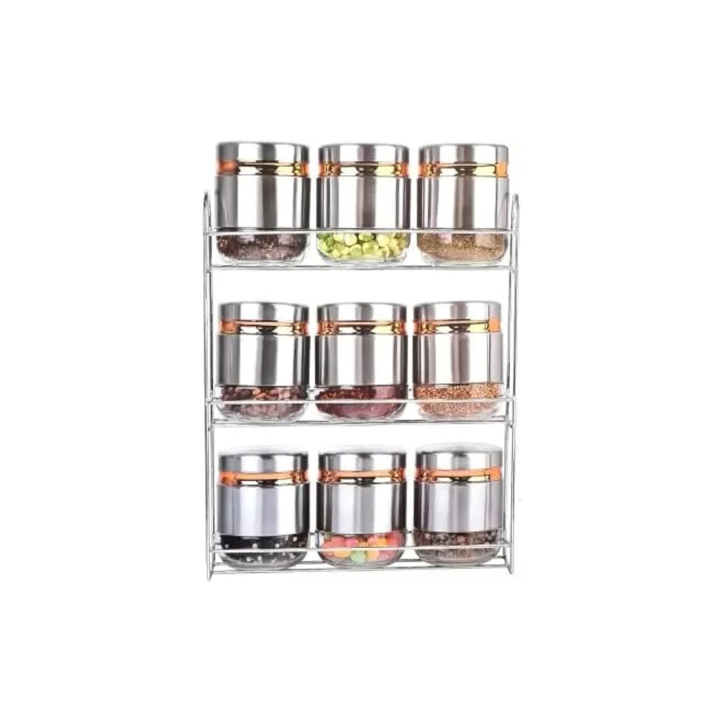 Spice Rack Holder Non-Slip Kitchen Cabinet Organizer with 9 Pc Airtight Glass Jars With Steel Cover