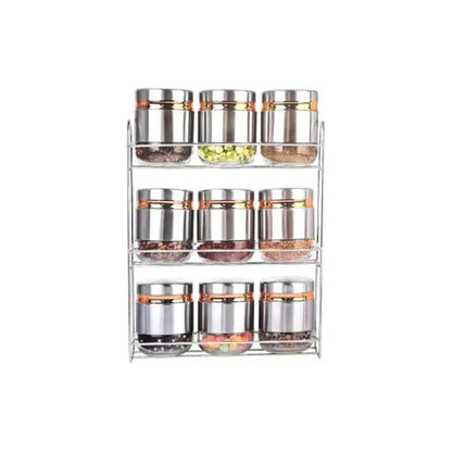 Spice Rack Holder Non-Slip Kitchen Cabinet Organizer with 9 Pc Airtight Glass Jars With Steel Cover