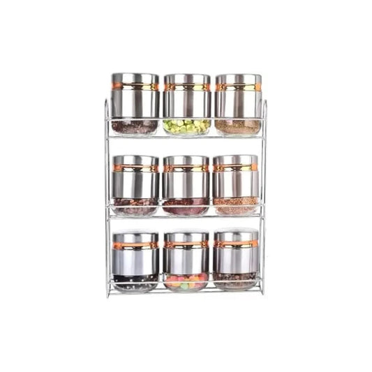 Spice Rack Holder Non-Slip Kitchen Cabinet Organizer with 9 Pc Airtight Glass Jars With Steel Cover