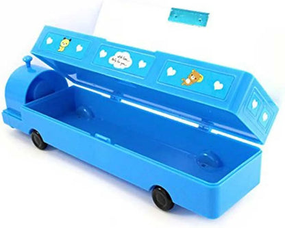 Purple pencil box shaped like a train or bus, designed for children. Additional detaIt has wheels, possibly for play.
The box features cartoon-like graphics with the word "SAUCE" visible.
It includes compartments and may have a built-in sharpener.