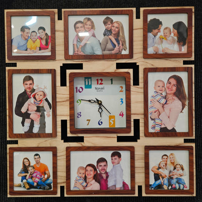 Wooden Designer Artistic Family Photo Frame and Collage Photo Frame with Wall Clock for Home Decoration and for Luxury Gifts
