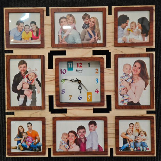 Wooden Designer Artistic Family Photo Frame and Collage Photo Frame with Wall Clock for Home Decoration and for Luxury Gifts