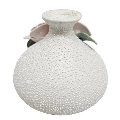 Textured white polyresin or Ceramic vase for Garden/home collection, embossed roses