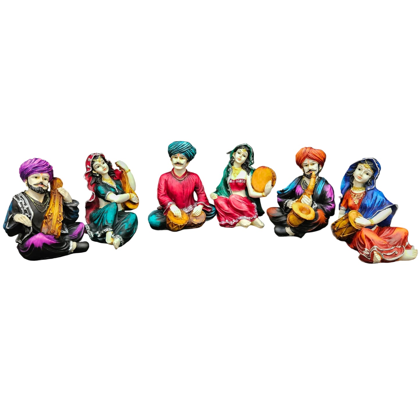 Rajasthani Showpiece figures 6pcs set Couple Man & Lady Playing Musical Instrument Home Decor Resin Traditional Village Decorative Showpiece Statue Living Room