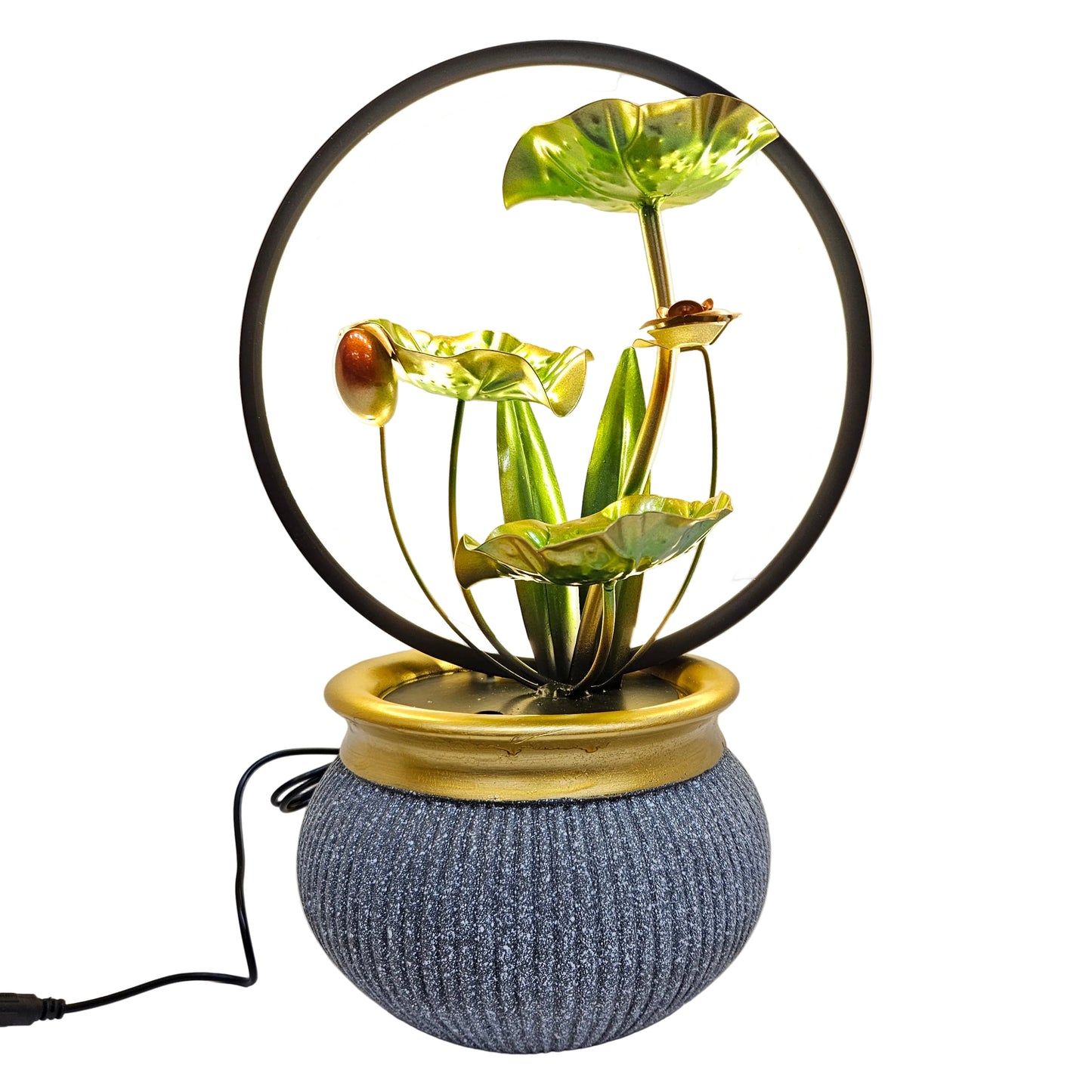 Tabletop water fountain prominent metal rose &  leaf design and a built-in LED ring light