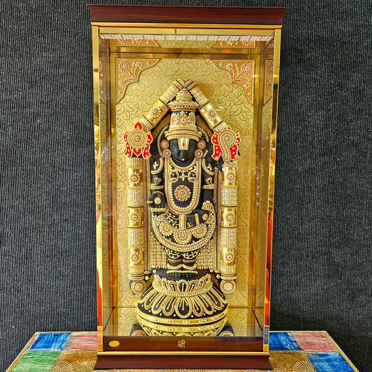24 carat gold Plated big size Lord Balaji with decorative stones design idol Statue in a transparent protective cabin
