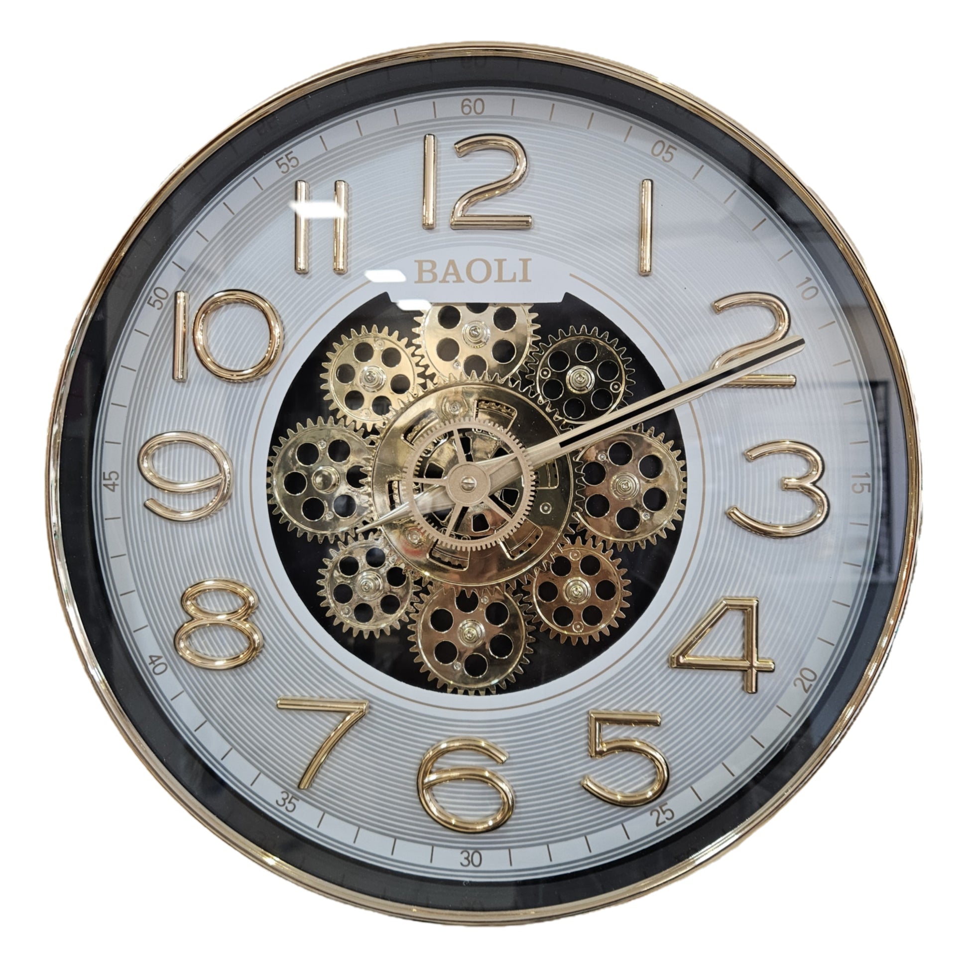 Wall clock with gold gears and 'BAOLI' branding on a white background
