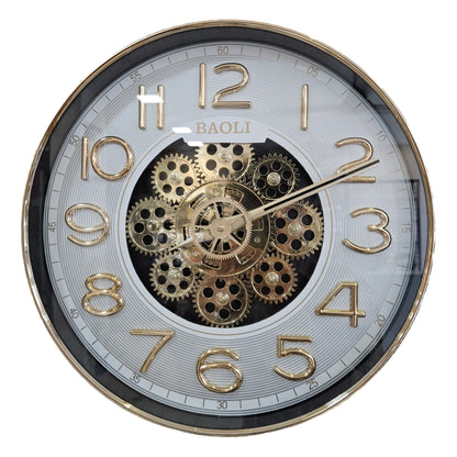 Wall clock with gold gears and 'BAOLI' branding on a white background