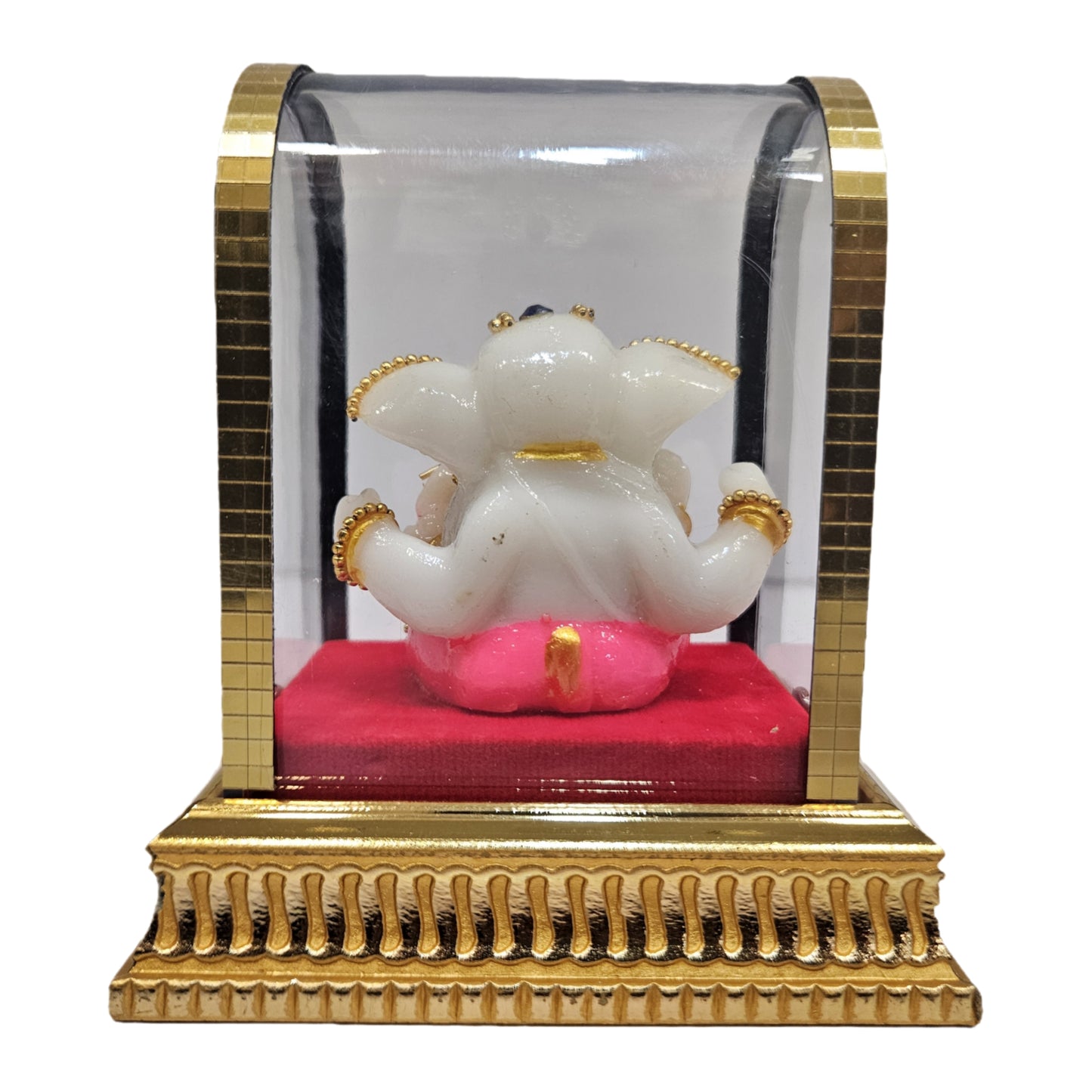 Ganesh Idol for Car Dashboard in Glass Box, Gold, Yellow and Red, Left Trunk Figurine Showpiece