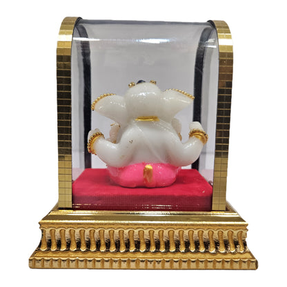 Ganesh Idol for Car Dashboard in Glass Box, Gold, Yellow and Red, Left Trunk Figurine Showpiece
