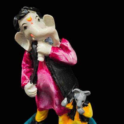 Handcrafted Polyresin Lord Ganesha Idol Singing With Mushak Statue Decorative Showpiece Perfect For Music Lovers, Home Decor, Living Room, Office Desk, Pooja Room- Gift