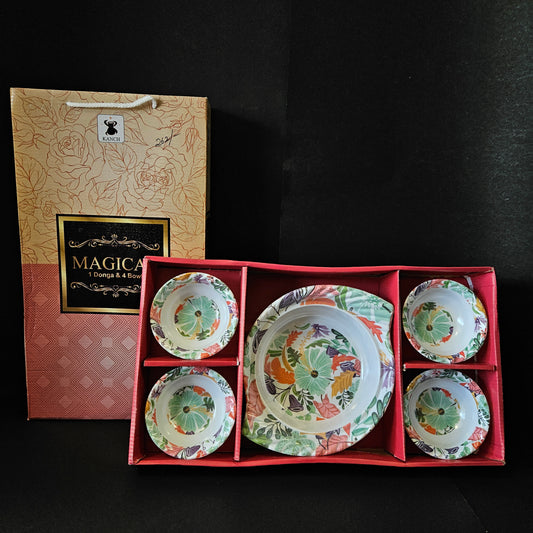 Kanch Magical 1 Donga snack platter & 4 pieces set bowls perfect for Return gifting purpose