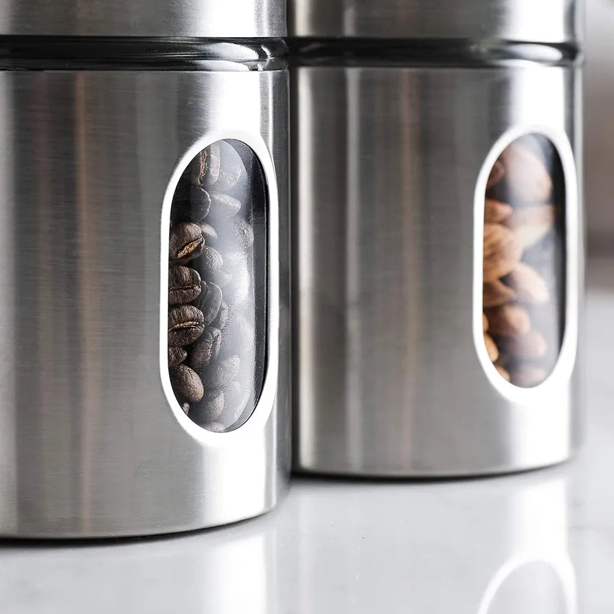 Brushed Stainless Steel and Glass Canister with Window Set of 3 piece Storage Containers