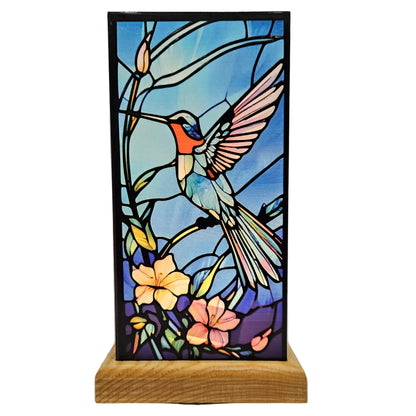 Acrylic Hummingbird lamp a vibrant hummingbird and floral design on a wooden base printed on a clear square panel perfect for Bedroom's