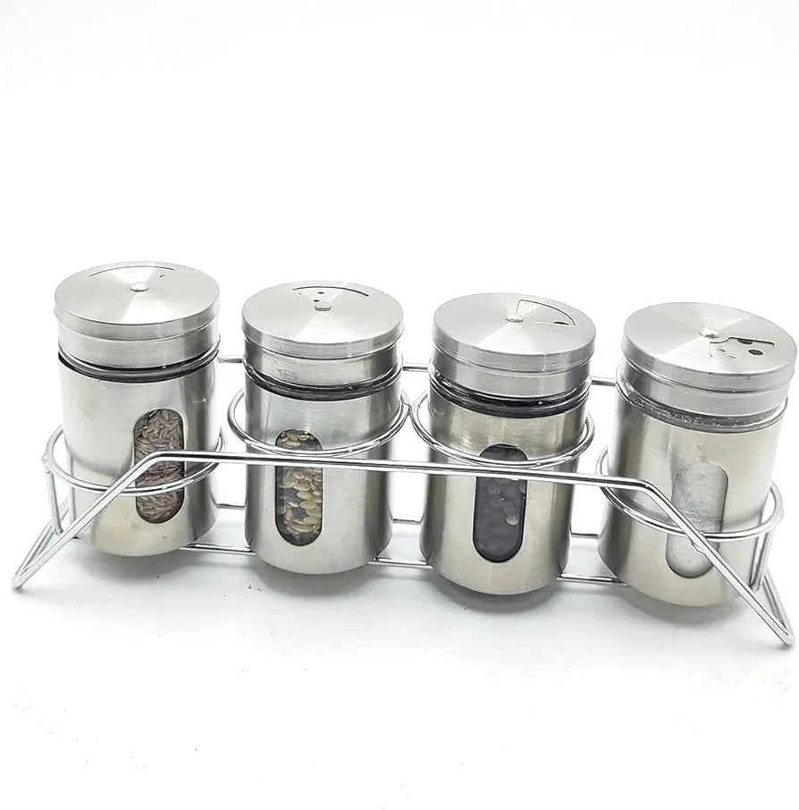 Spice Jar Stainless Steel & Glass with Holder Stand Set of 4 for Oregano,Chilli Flakes, Sugar, Seasoning Sprinkler,Air Tight Container,Dining Table Masala Box