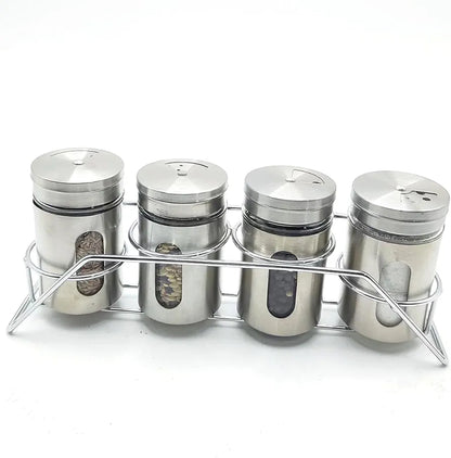 Spice Jar Stainless Steel & Glass with Holder Stand Set of 4 for Oregano,Chilli Flakes, Sugar, Seasoning Sprinkler,Air Tight Container,Dining Table Masala Box