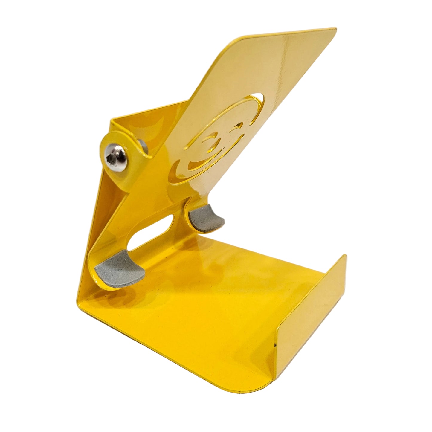 Metal adjustable desktop mobile phone holder stand featuring a laser-cut smiley face design