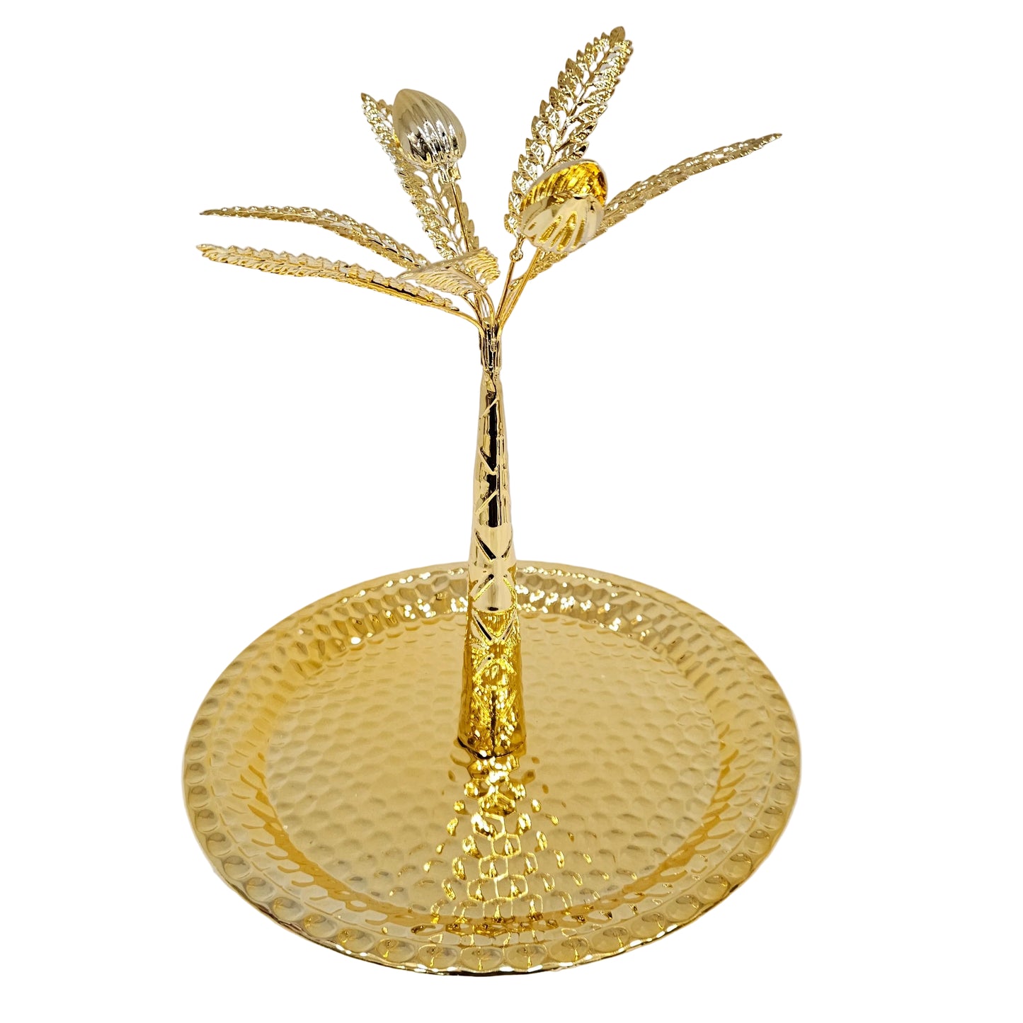 Gold-finished metal item is a palm tree-shaped catering display or jewelry tray