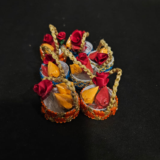 Haldi Kumkum Packets Return Gift in Golden Basket. All in one Gift for Women, Weddings, Pooja Functions