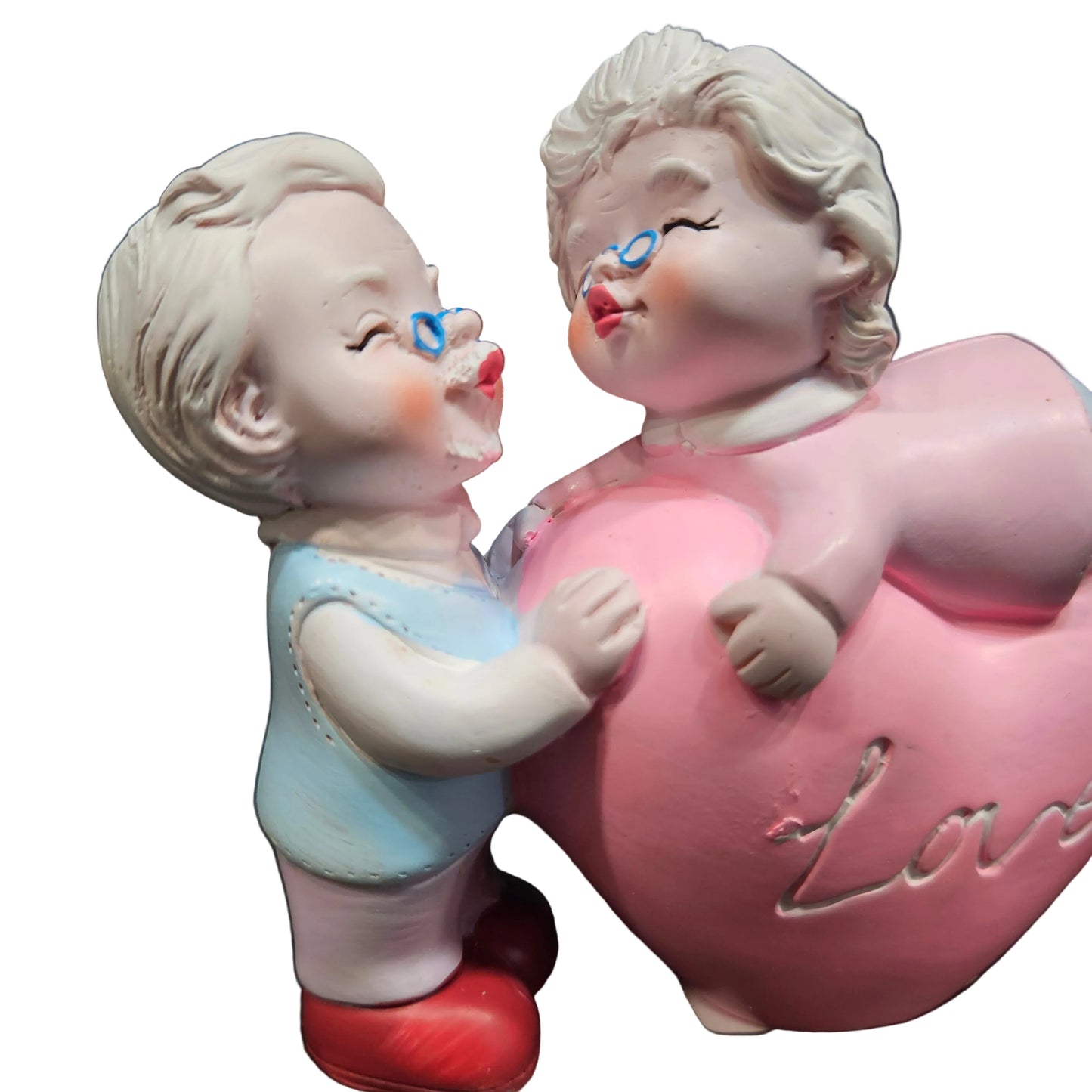 Cute Old Couple Statue laying on Heart Love Showpiece Figurine