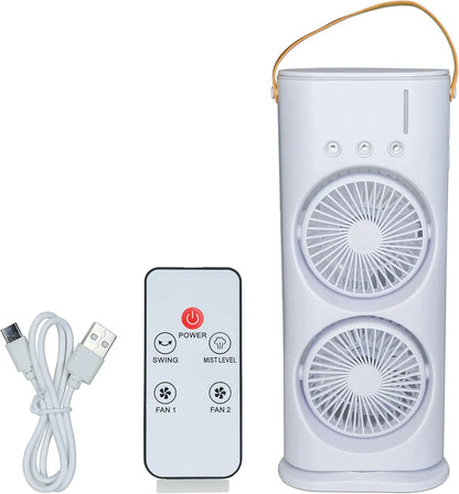 double-ended spray mini fan designed to provide cool, moist air. Dual Fans: Equipped with two fans for enhanced airflow.Has a 280ml water tank for a cooling mist effect. Compact and lightweight with a car