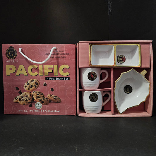 Pacific 2Ceramic cups,1 leaf Shaped Platter & dips bowl for Return gifting