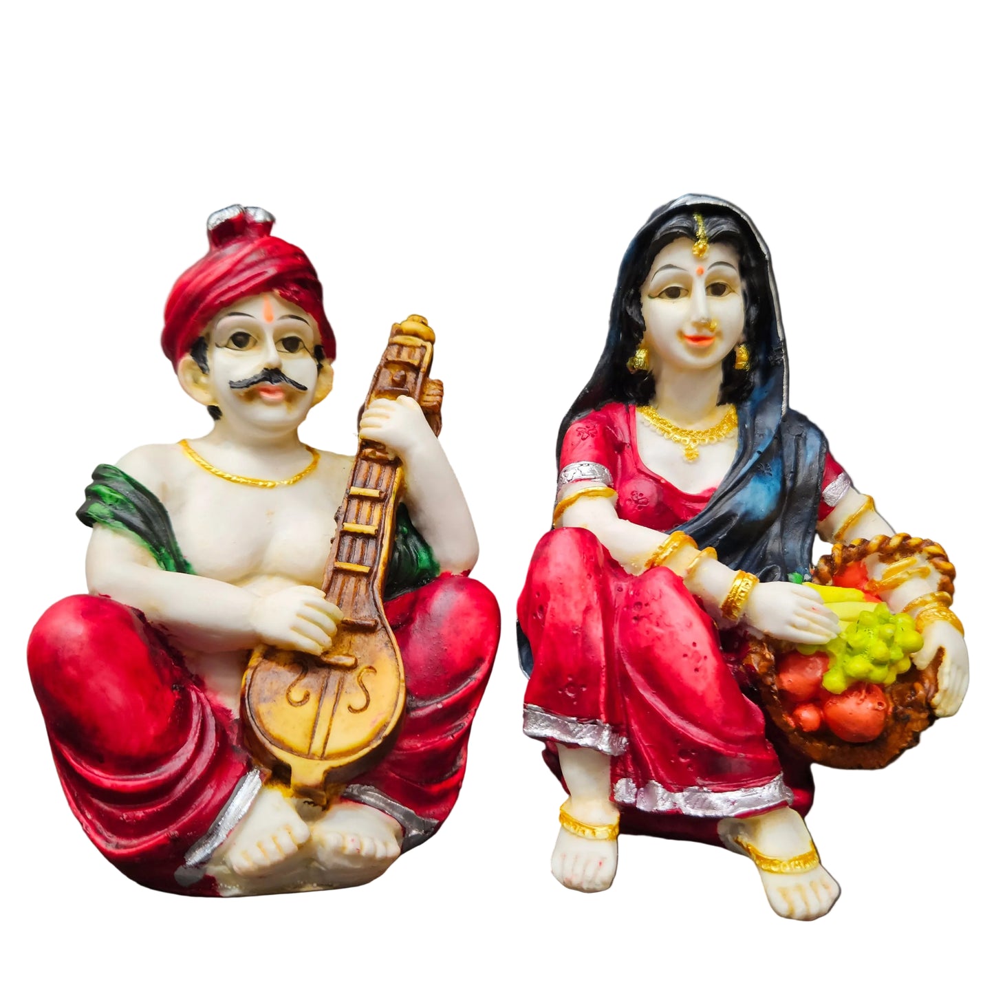 Rajasthani Showpiece figures 6pcs set Couple Man & Lady Playing Musical Instrument Home Decor Resin Traditional Village Decorative Showpiece Statue Living Room