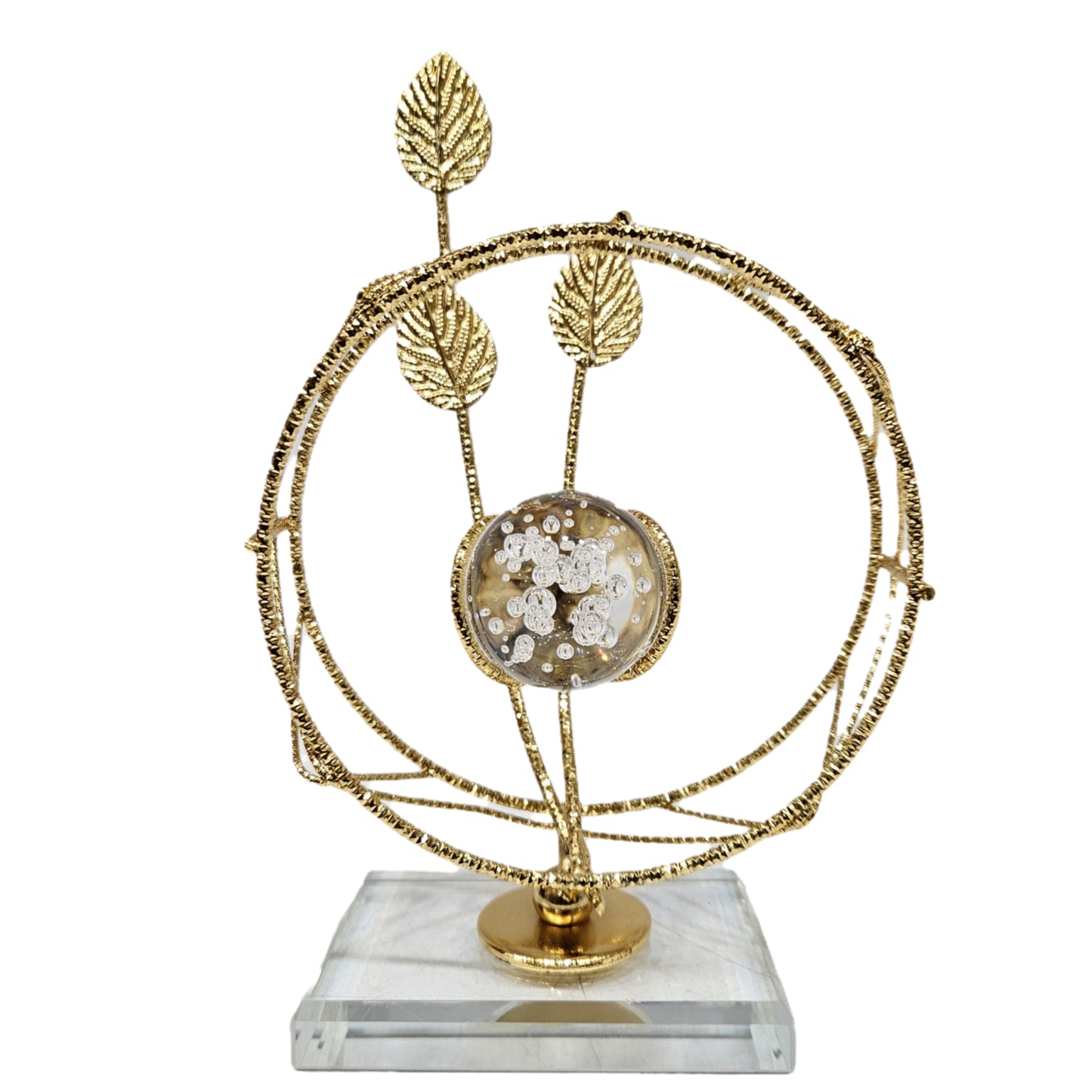 Golden leaf and crystal ball centerpiece resembles the "Crystal Elysian Showpiece" featuring a Crystal base