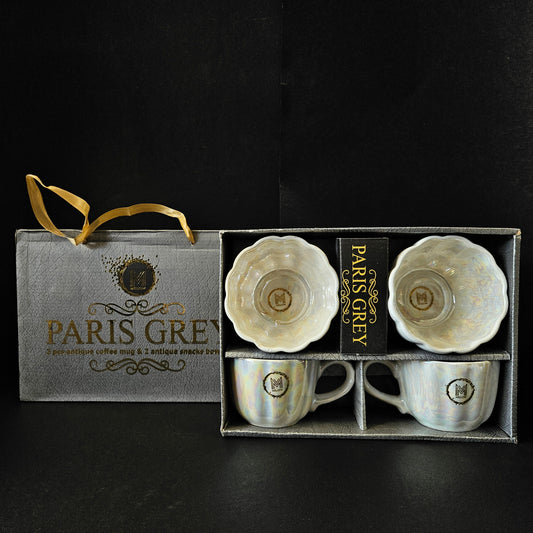 Mellow Paris Grey 2 pieces antique coffee mugs & 2 pieces antique Snacks bowls with premium quality