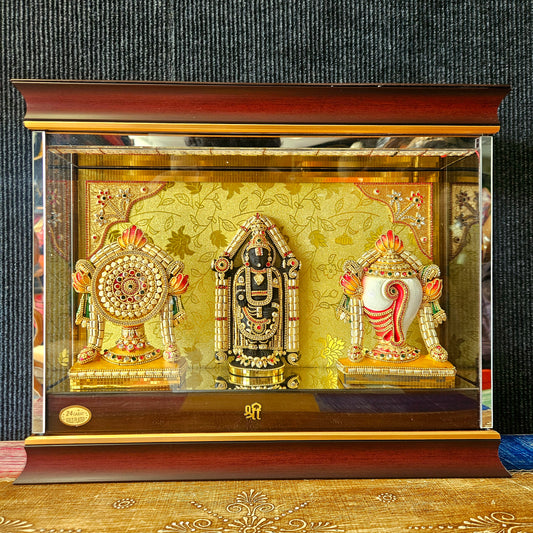 24carats gold Plated Shank Chakra Balaji statue Decorated with attractive stones design transparent protective cabin